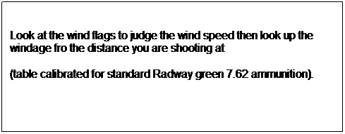 Text Box: Look at the wind flags to judge the wind speed then look up the windage fro the distance you are shooting at 
(table calibrated for standard Radway green 7.62 ammunition).
 
